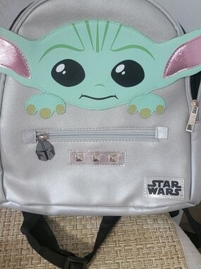 Star Wars Kids Silver Backpack with Green Grogu Face and Pink Ear Accents